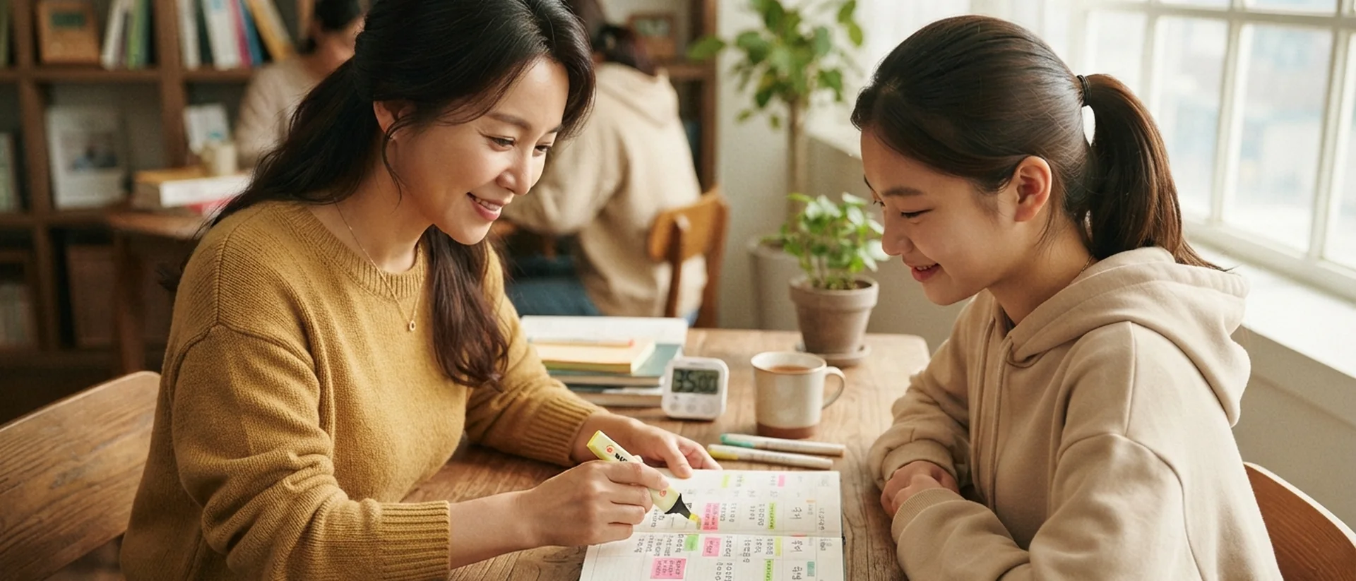 선생님과 학생이 주간 플래너에 함께 공부 계획을 세우는 모습