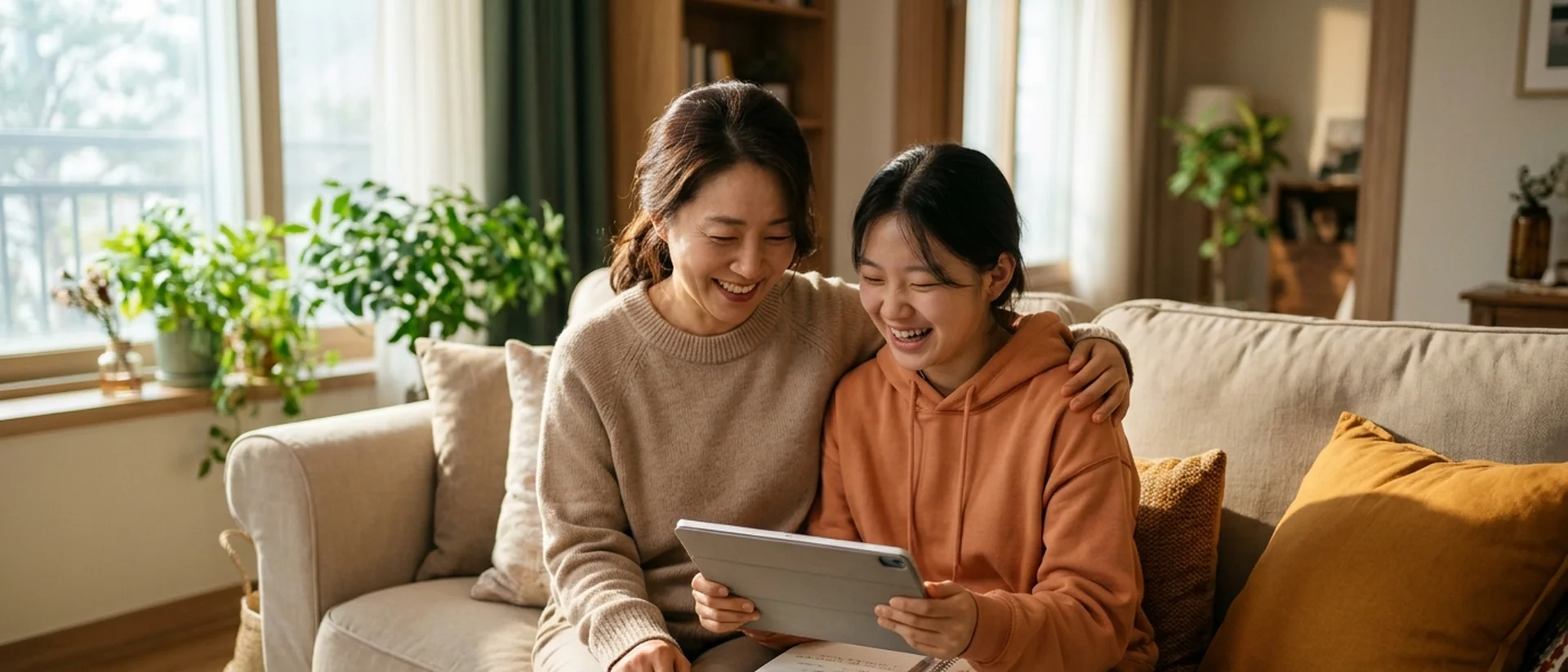 소파에서 태블릿을 함께 보며 웃는 학부모와 학생